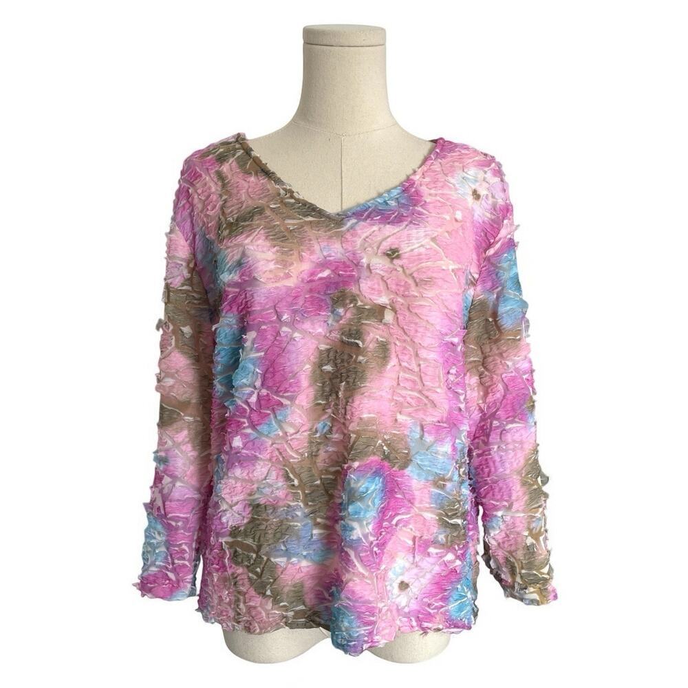 VTG Y2K Crinkly Preppy Top XL Pink Tie-Dye Textured Preppy Fairycore Whimsical